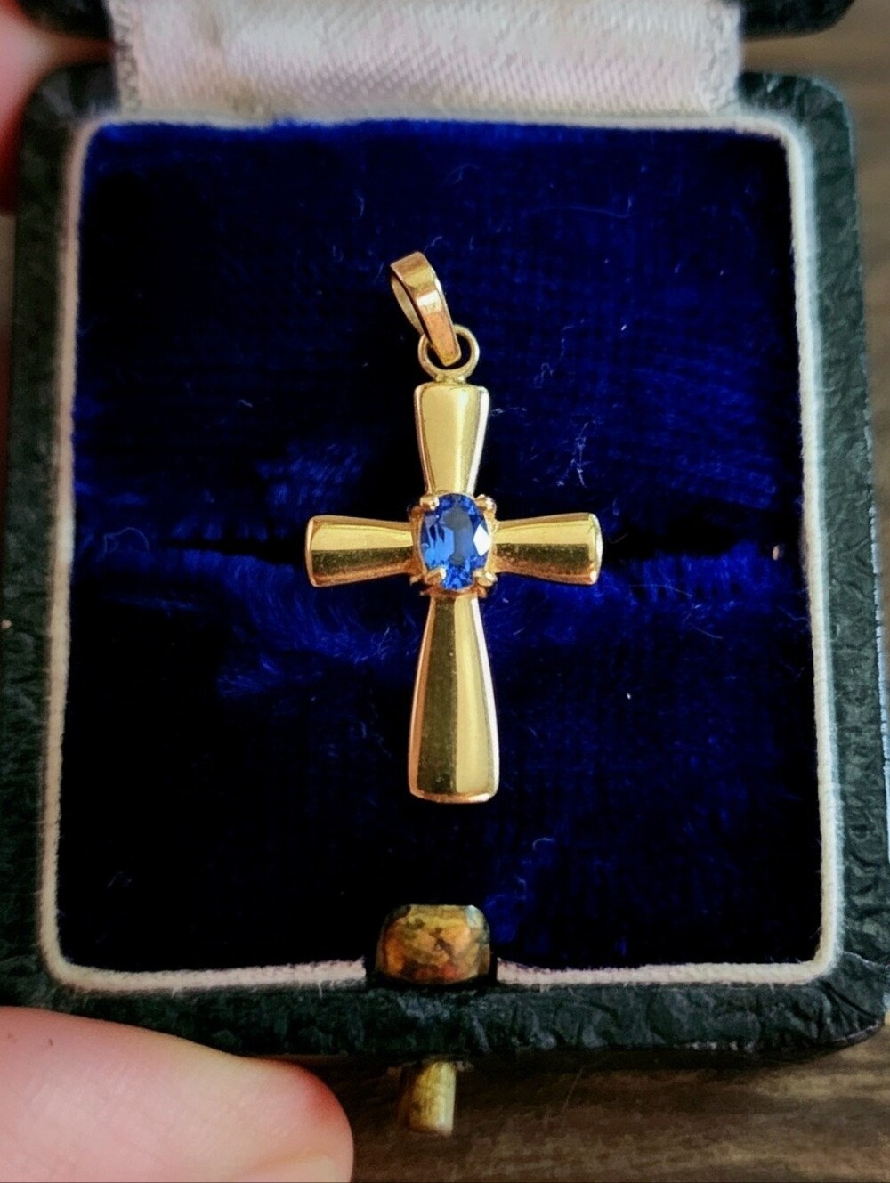 Vintage 10K Gold & Blue Sapphire Cross Pendant